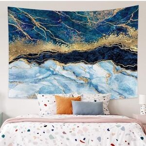 Abstract Blue and Gold med wall tapestry and 2 pillow covers